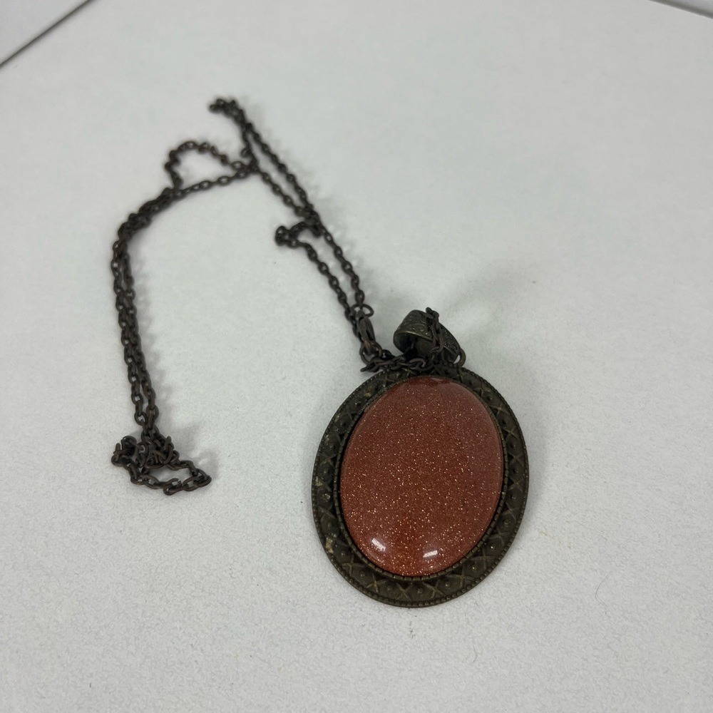 Vintage Goldstone Pendant Necklace Antique‎ Bronze Tone Oval Shimmer Stone Large